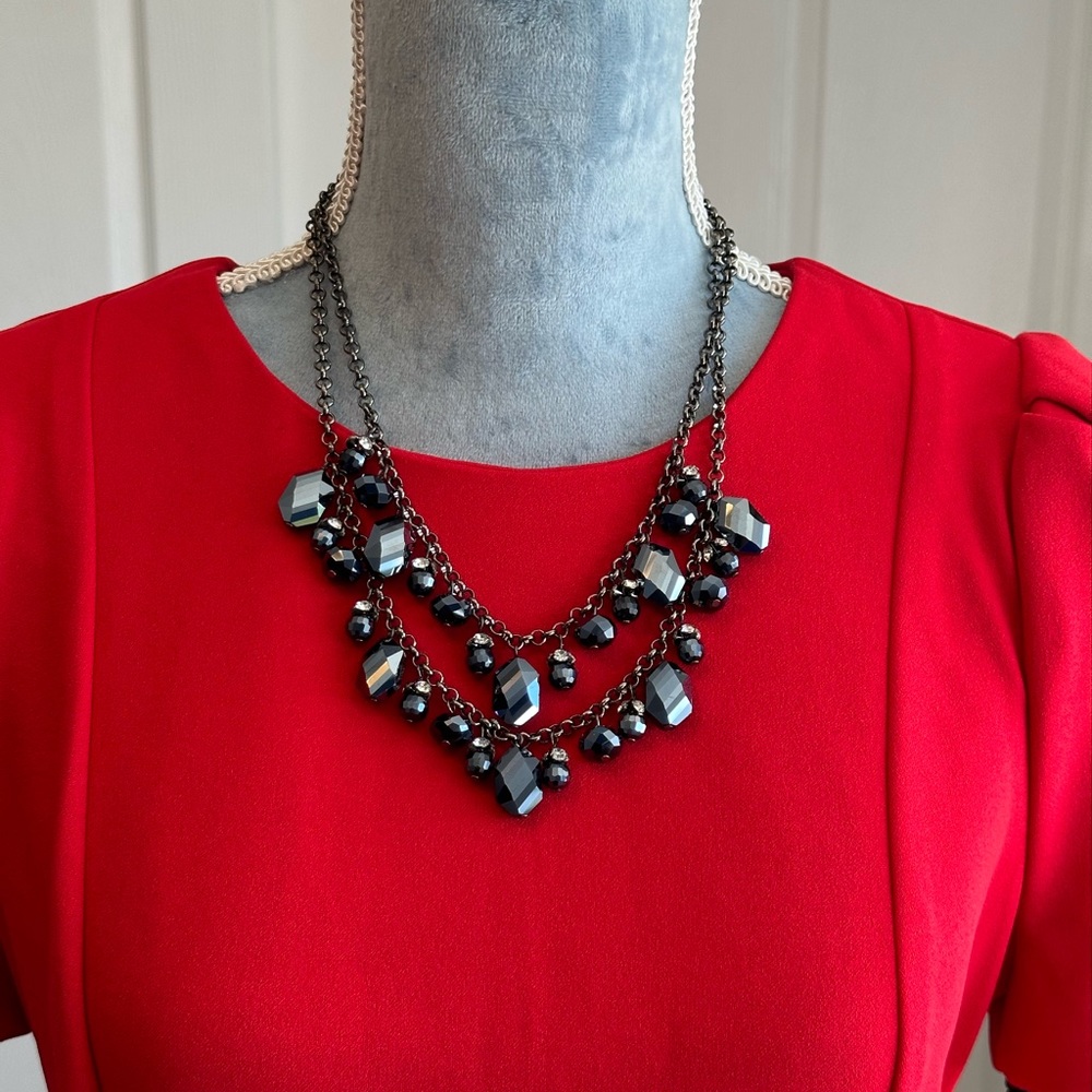 Women NWOT Double Strand Black Silver Beaded Statement Necklace